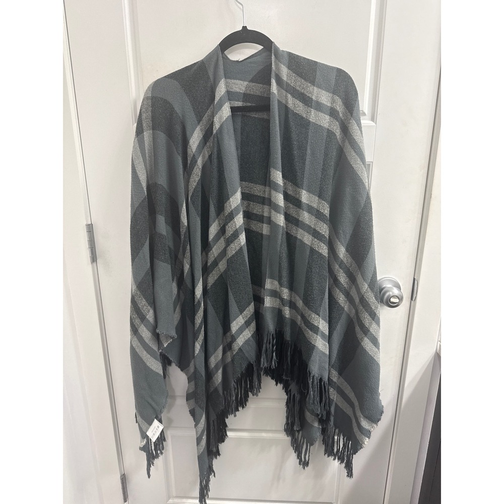 SiiZU Causebox Womens Grey Plaid Fringe Wrap Poncho Shawl One Size
